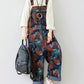 Women Autumn Artsy Flower Pocket Loose Denim Jumpsuits