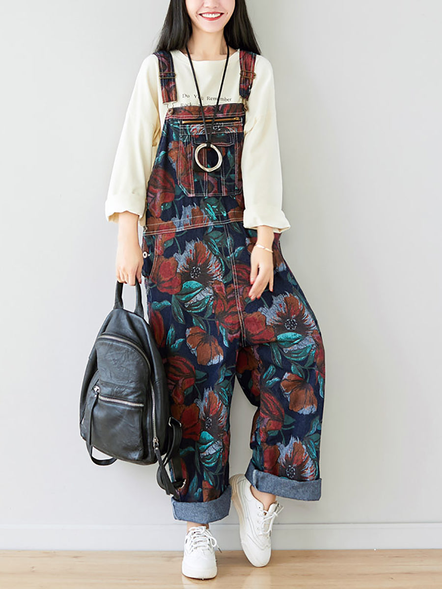 Women Autumn Artsy Flower Pocket Loose Denim Jumpsuits