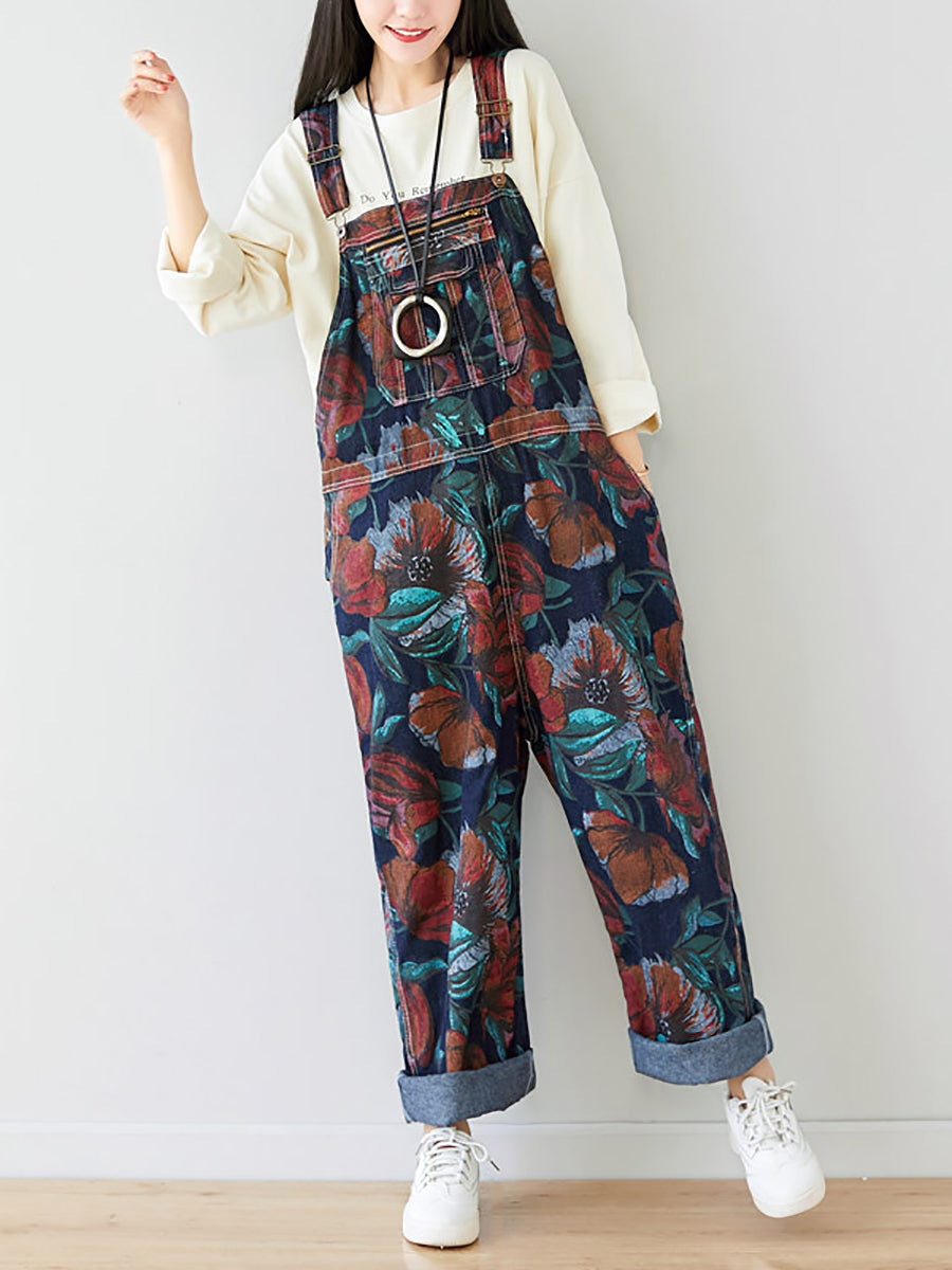 Women Autumn Artsy Flower Pocket Loose Denim Jumpsuits