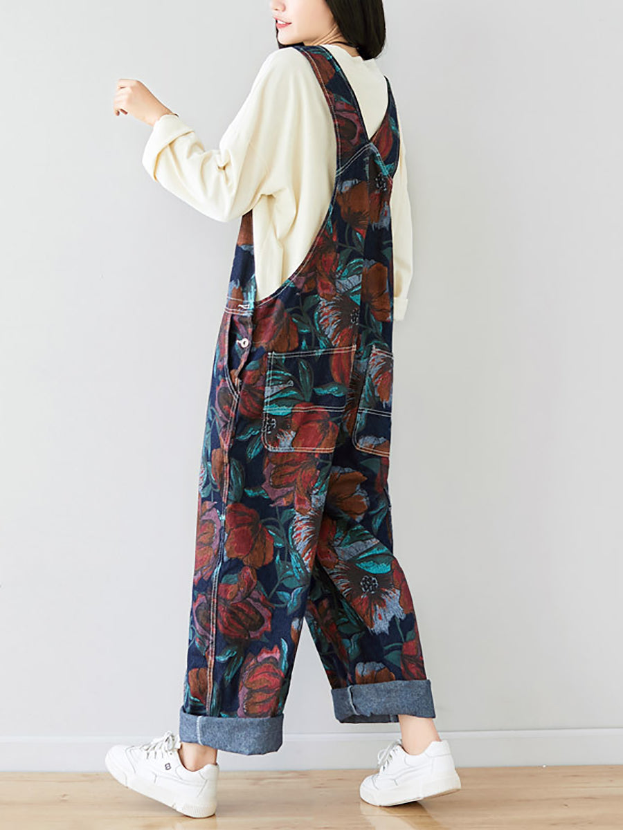 Women Autumn Artsy Flower Pocket Loose Denim Jumpsuits