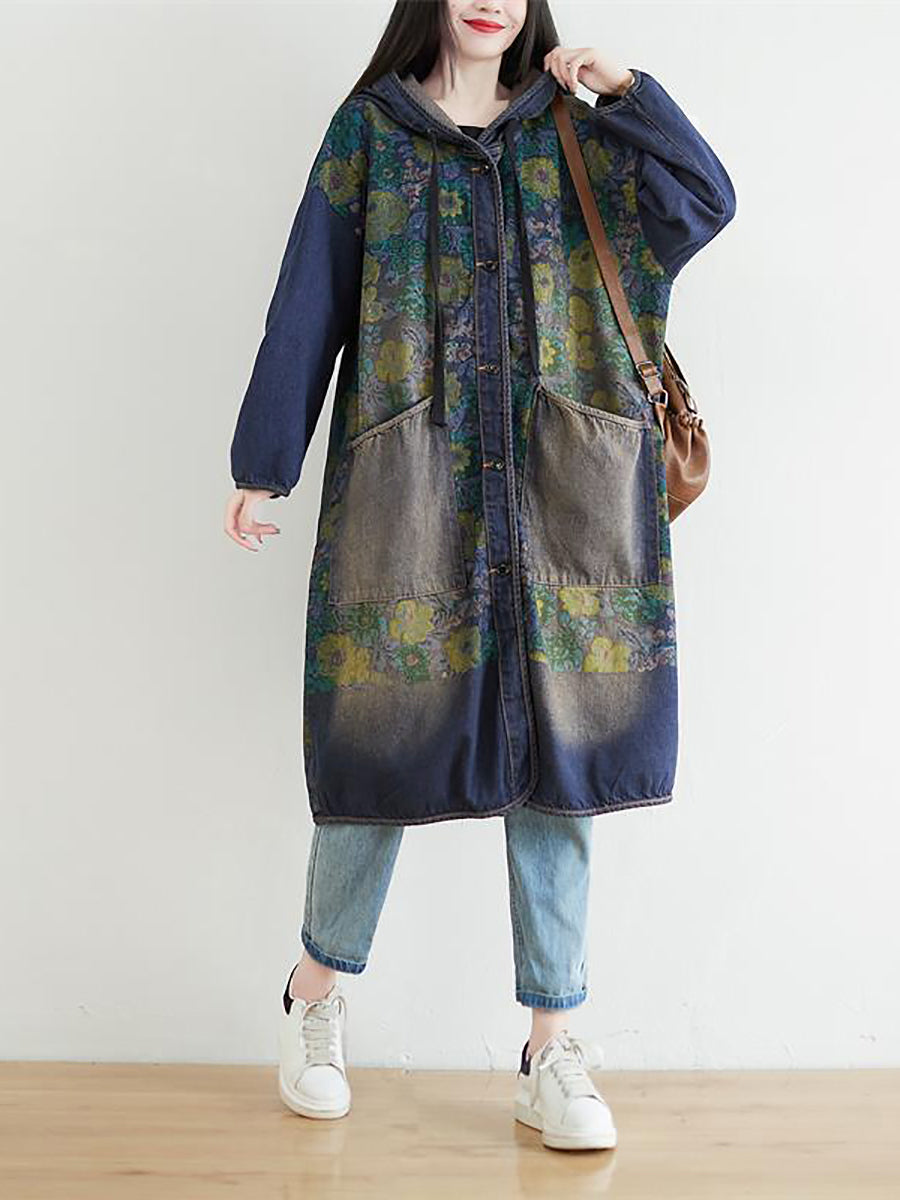 Women Casual Sunflower Denim Hooded Coat