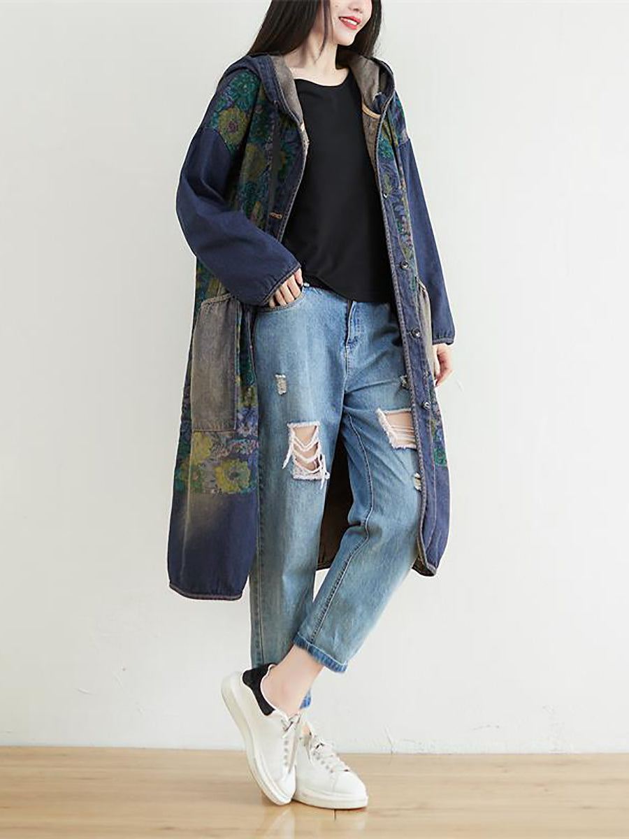 Women Casual Sunflower Denim Hooded Coat