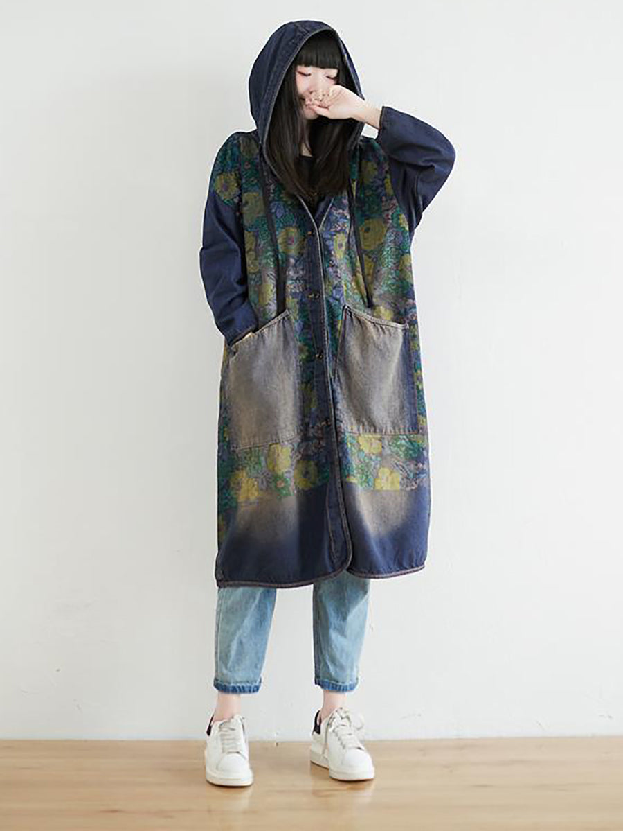 Women Casual Sunflower Denim Hooded Coat