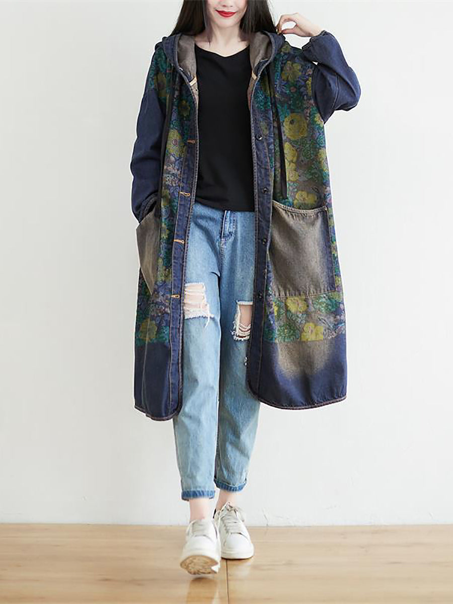 Women Casual Sunflower Denim Hooded Coat