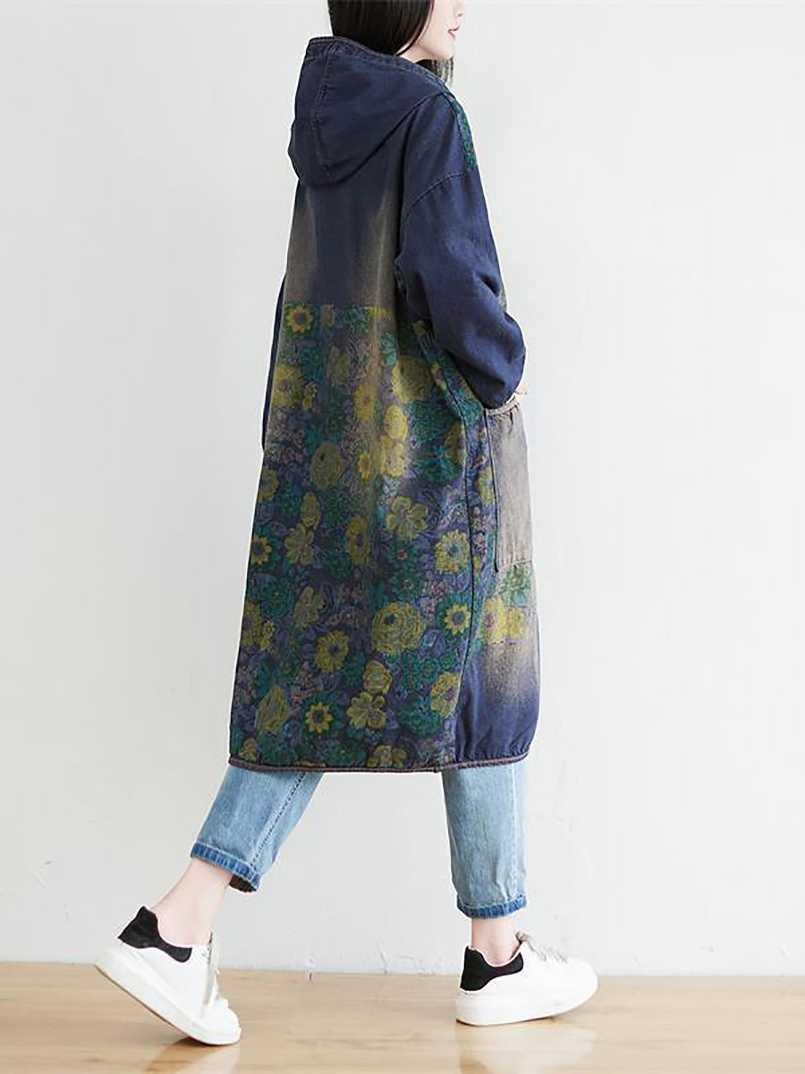 Women Casual Sunflower Denim Hooded Coat