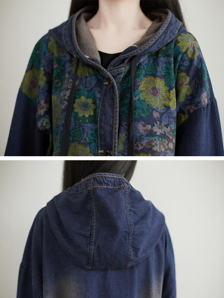 Women Casual Sunflower Denim Hooded Coat