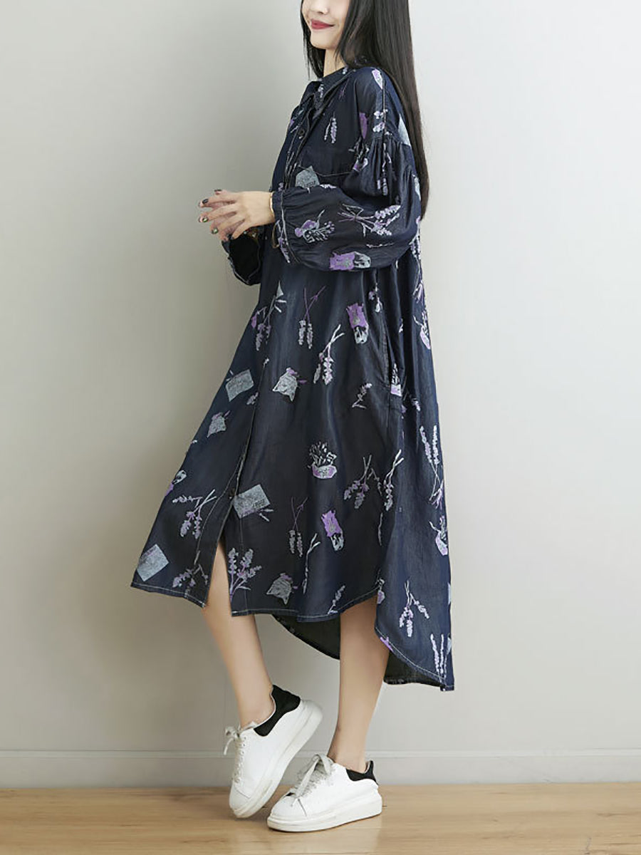 Women Spring Flower Print Loose Denim Dress