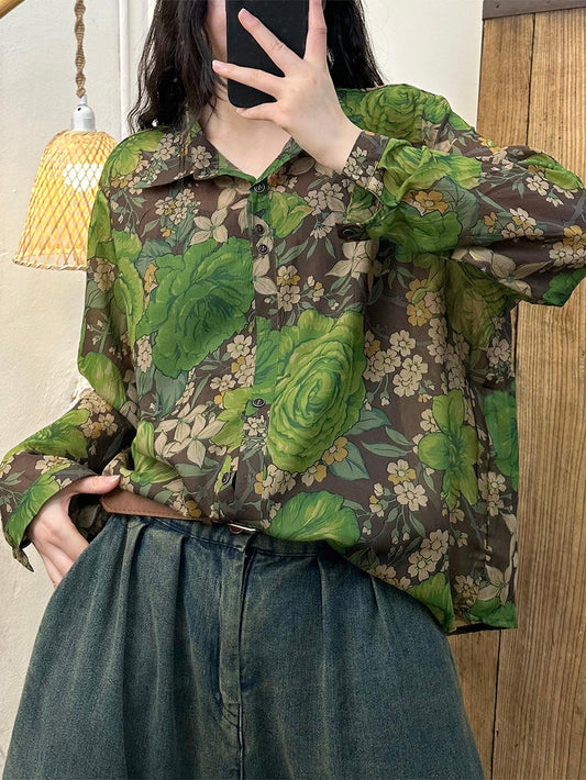 Women Vintage Flower Spring Button-up Blouse