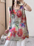 Women Summer Thin Flower Ramie Long Vest