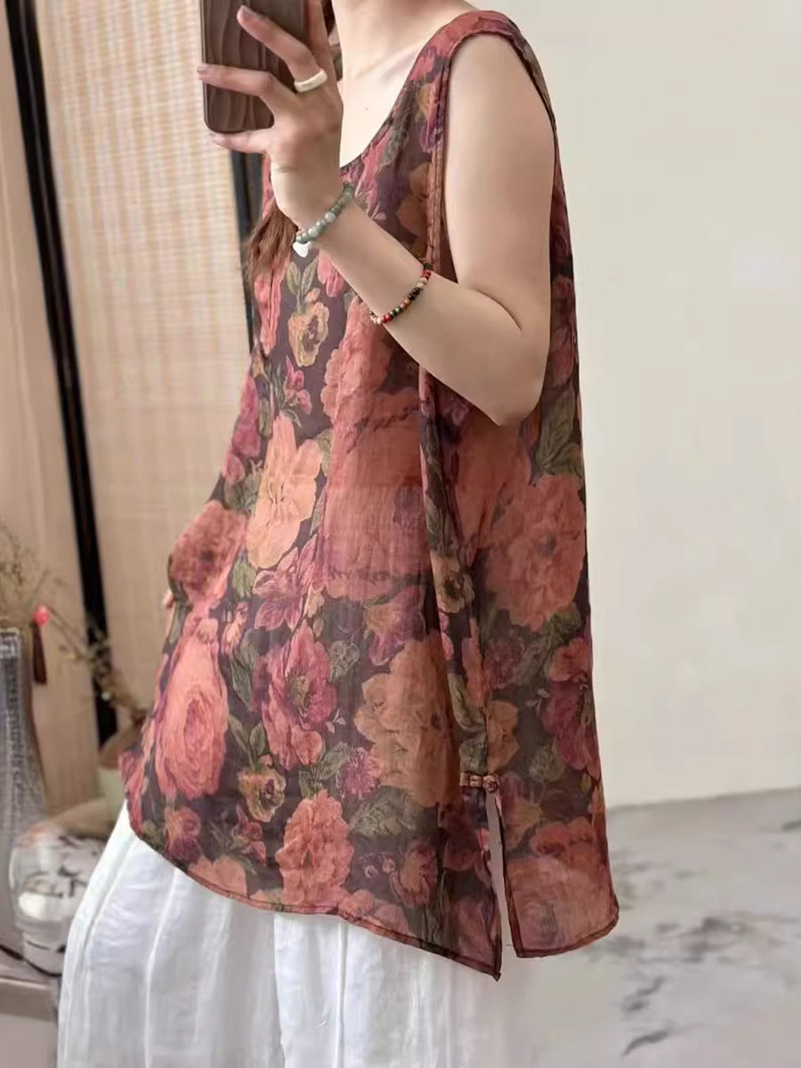 Women Summer Thin Flower Ramie Long Vest