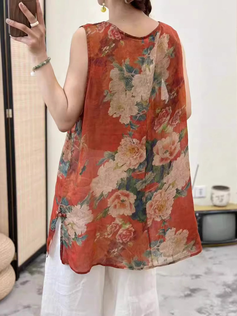 Women Summer Thin Flower Ramie Long Vest