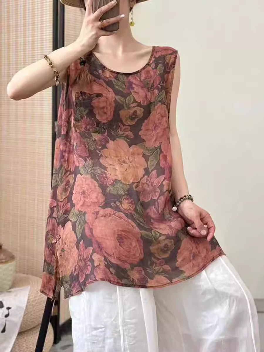 Women Summer Thin Flower Ramie Long Vest