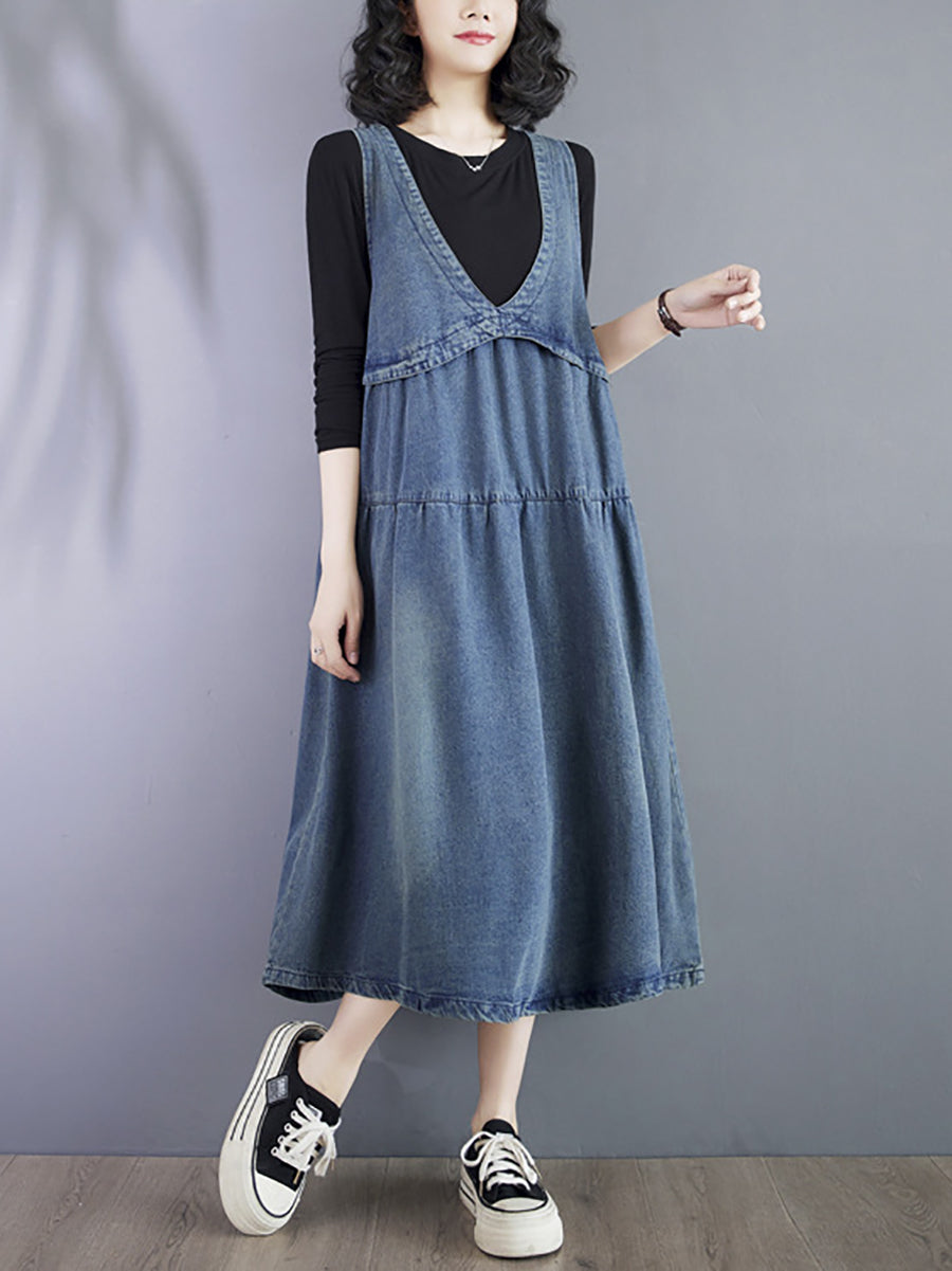 Women Vintage Summer Denim Spliced Vest Dress