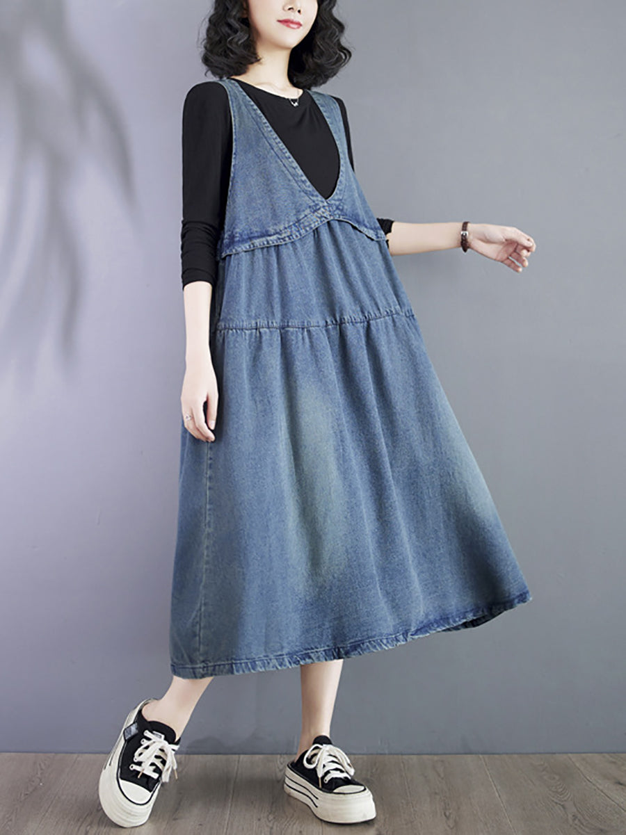 Women Vintage Summer Denim Spliced Vest Dress