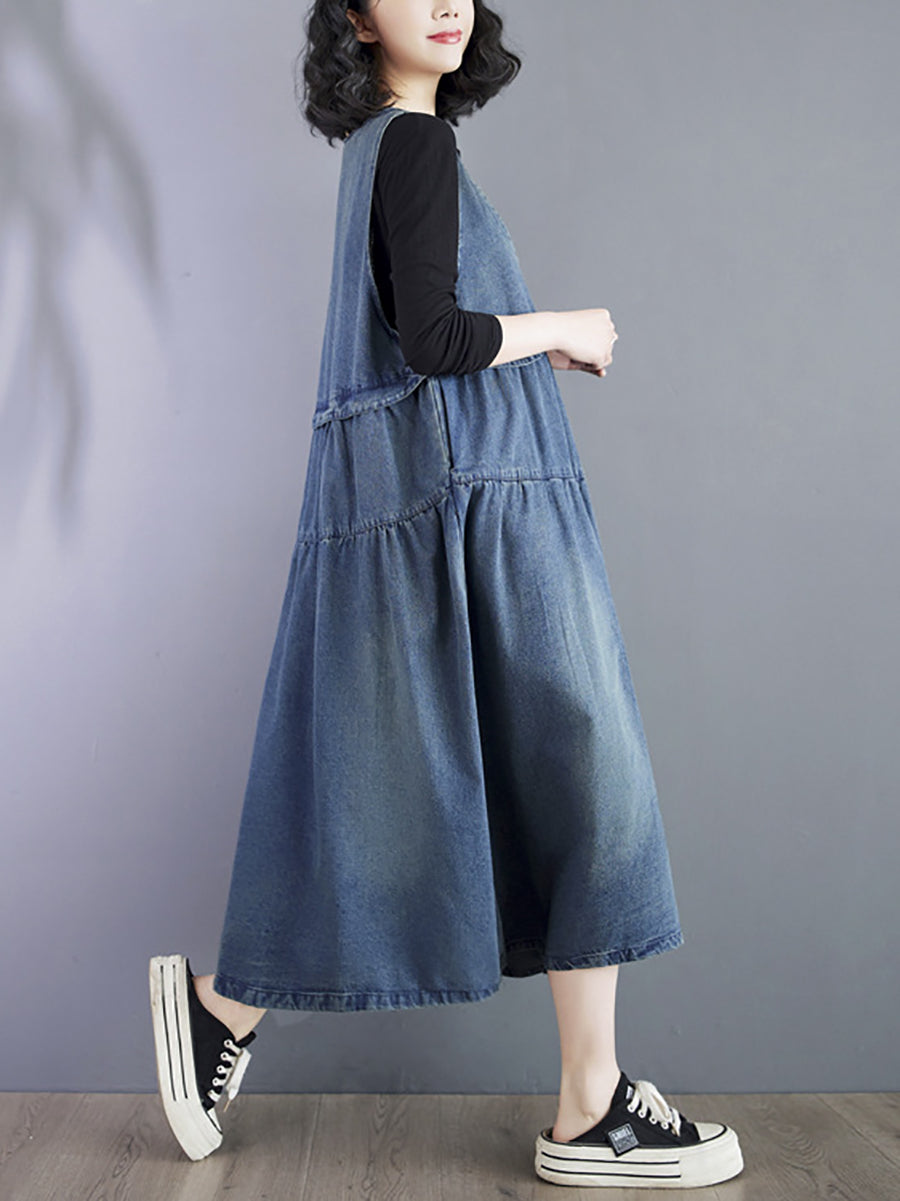 Women Vintage Summer Denim Spliced Vest Dress