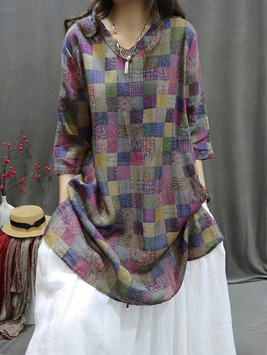 Women Summer Retro Spliced V-Neck Loose Long Shirt