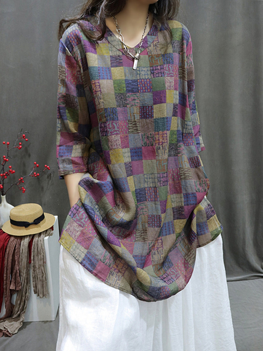 Women Summer Retro Spliced V-Neck Loose Long Shirt