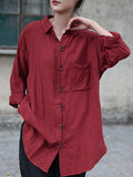 Women Vintage Cotton Solid Button-up Long Shirt