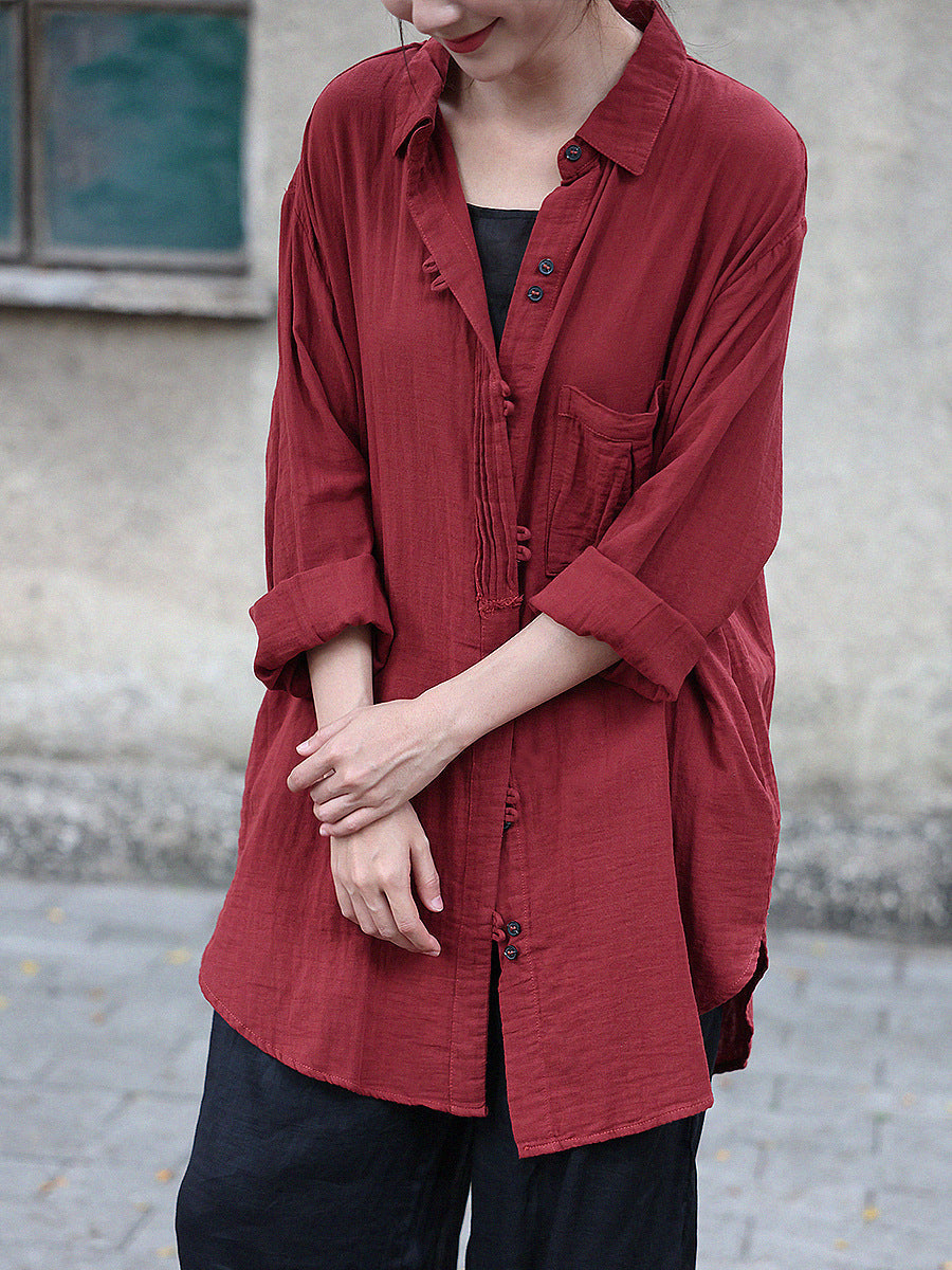 Women Vintage Cotton Solid Button-up Long Shirt