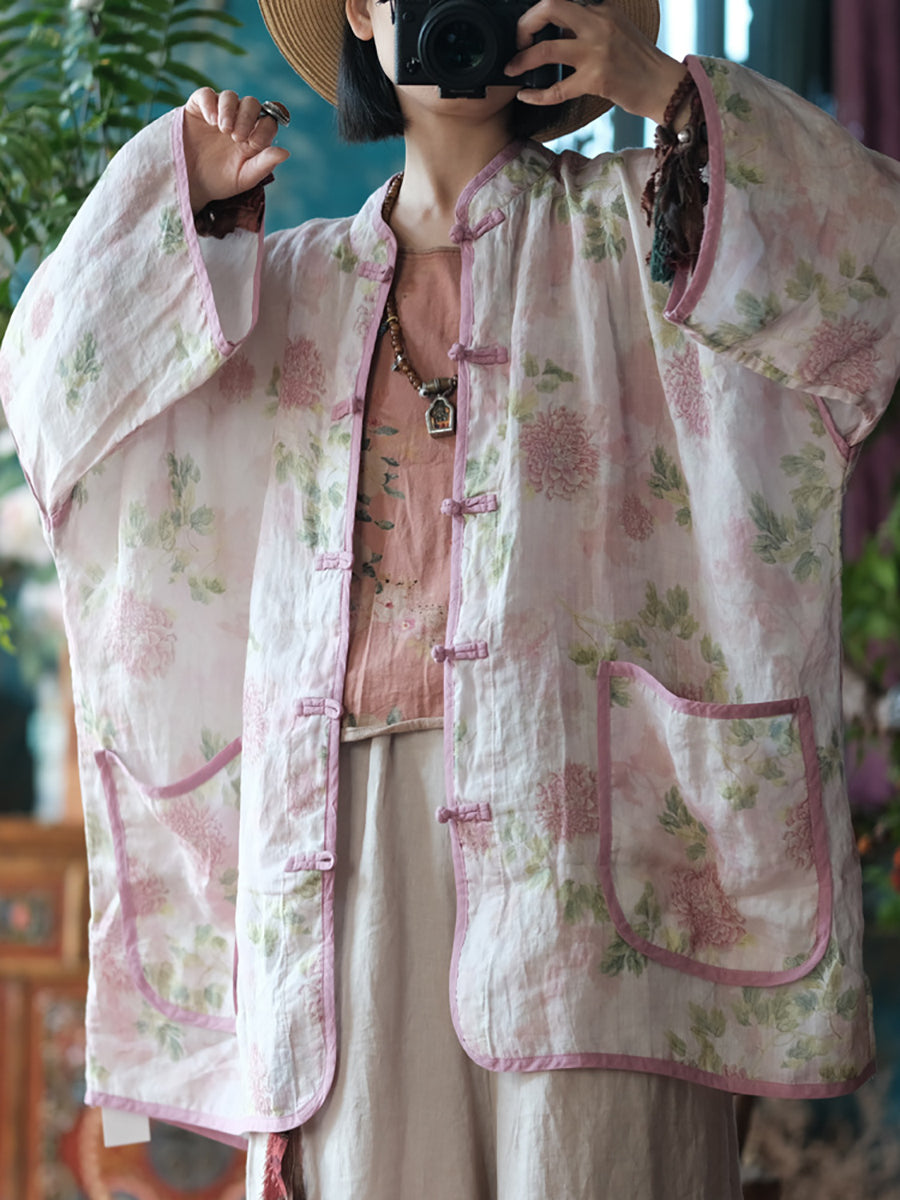 Women Spring Vintage Ramie Floral Button-Up Shirt