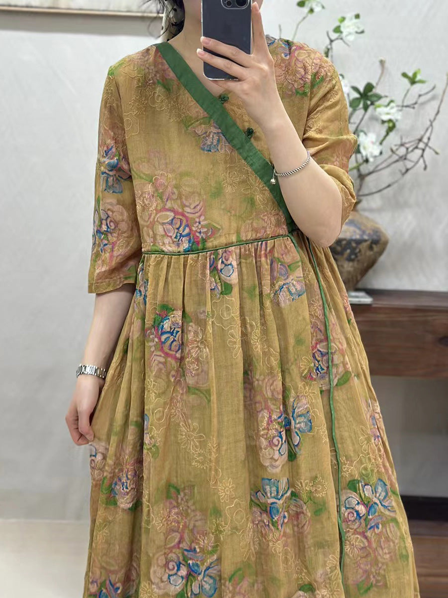 Women Vintage Flower Spliced Linen Dress