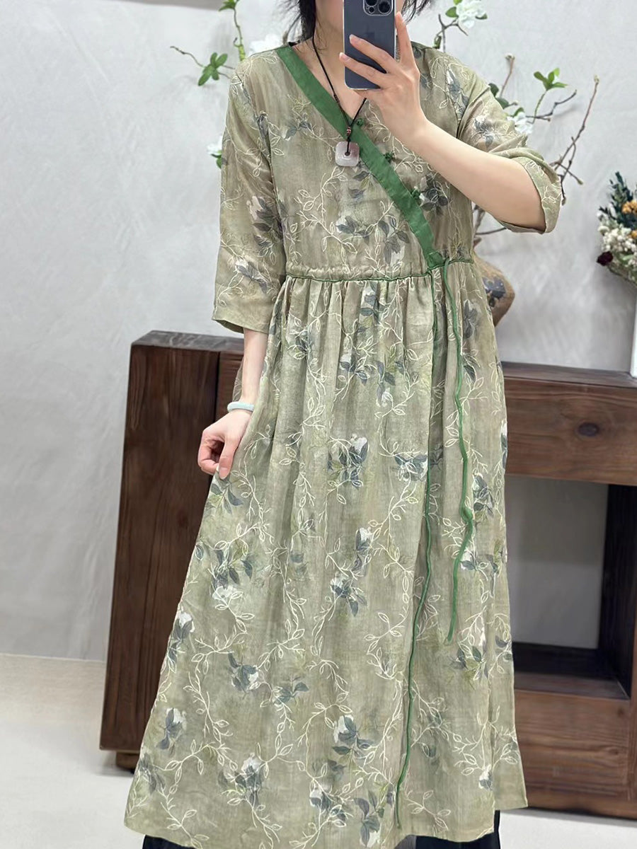 Women Vintage Flower Spliced Linen Dress