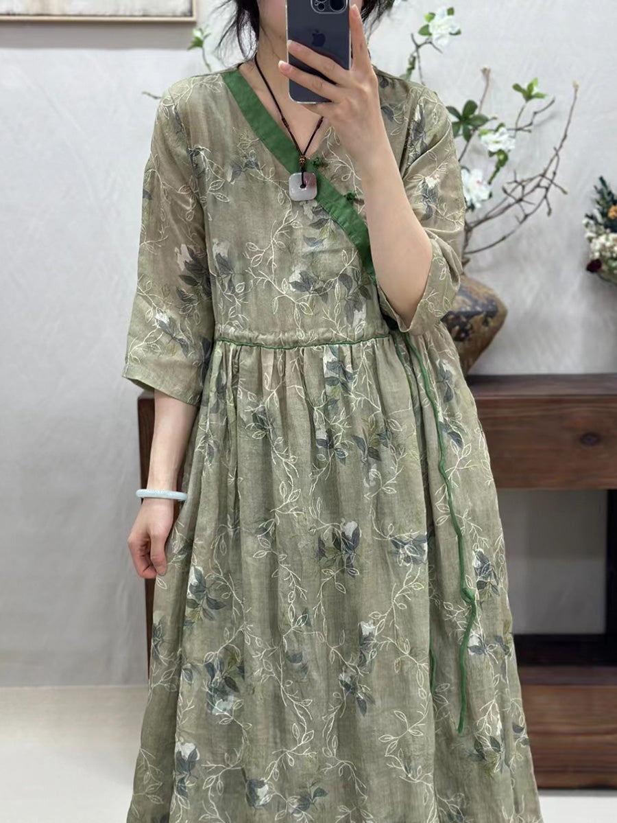 Women Vintage Flower Spliced Linen Dress