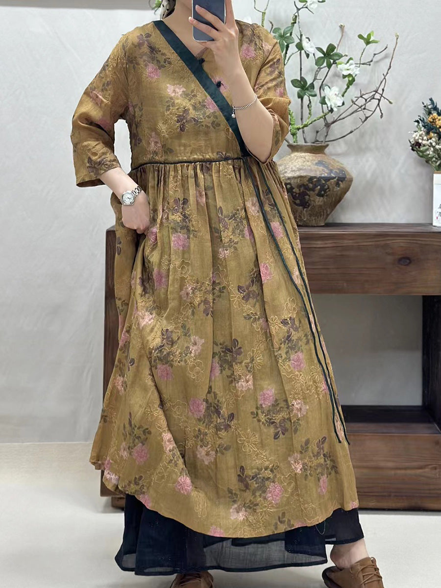 Women Vintage Flower Spliced Linen Dress