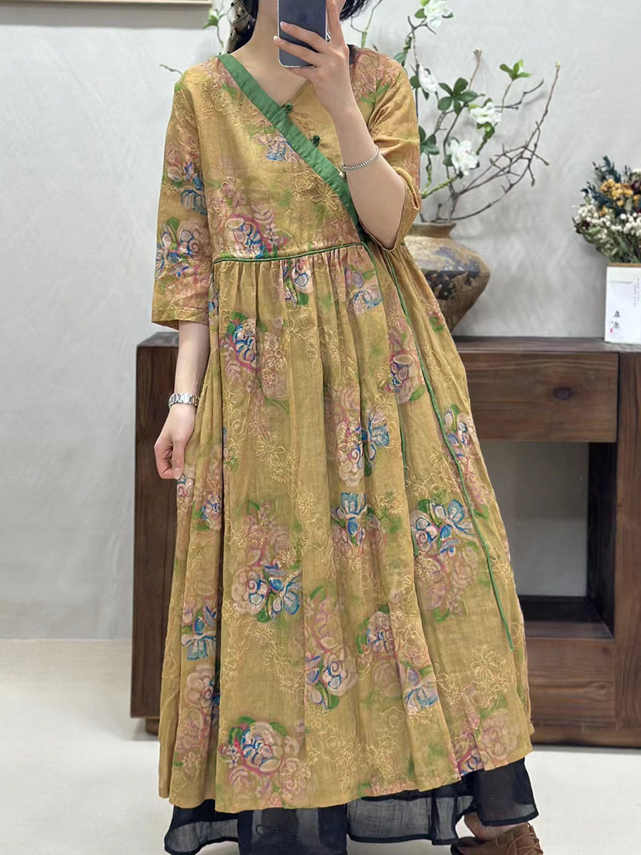 Women Vintage Flower Spliced Linen Dress