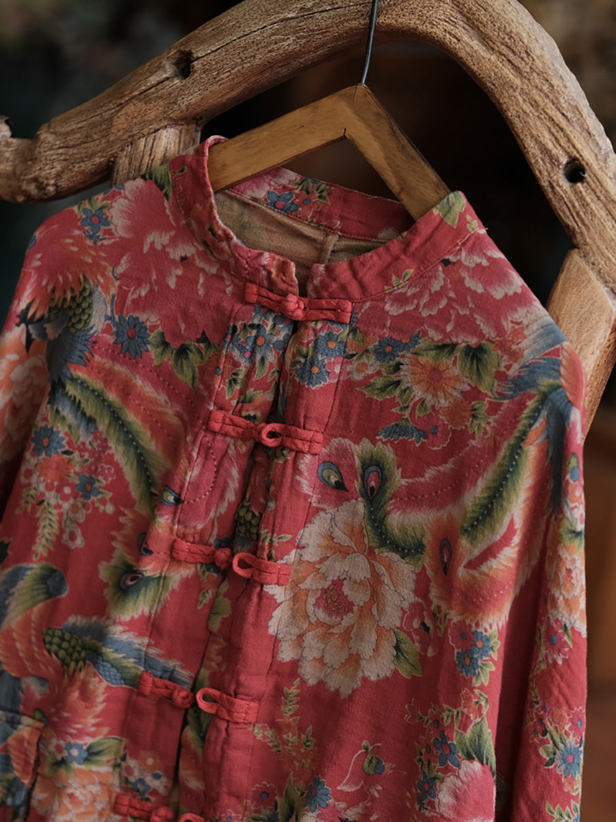 Women Vintage Floral 100%Cotton Loose Shirt Coat