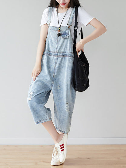 Women Retro Frayed Solid Claf-Length Denim Jumpsuits