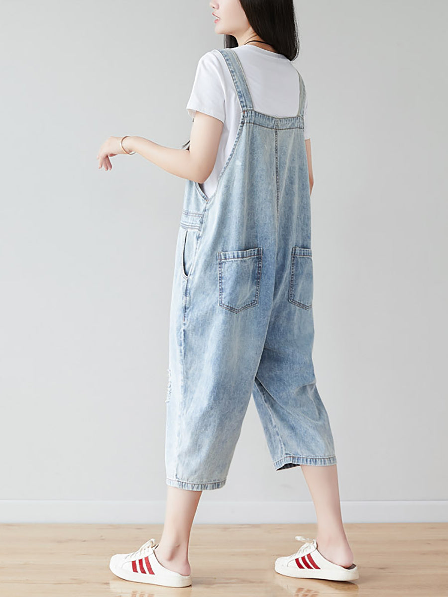 Women Retro Frayed Solid Claf-Length Denim Jumpsuits