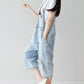 Women Retro Frayed Solid Claf-Length Denim Jumpsuits