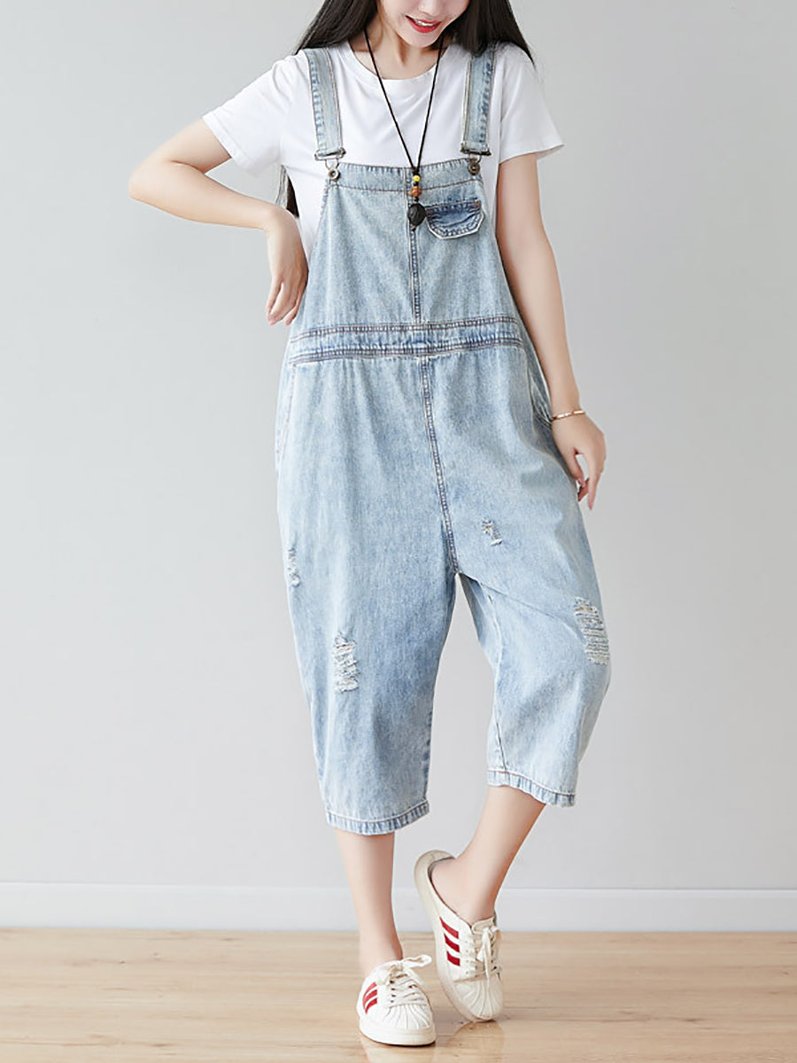 Women Retro Frayed Solid Claf-Length Denim Jumpsuits