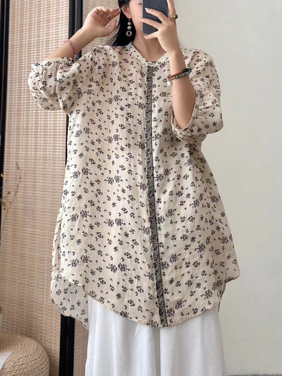 Women Artsy Flower Ramie Loose Long Shirt