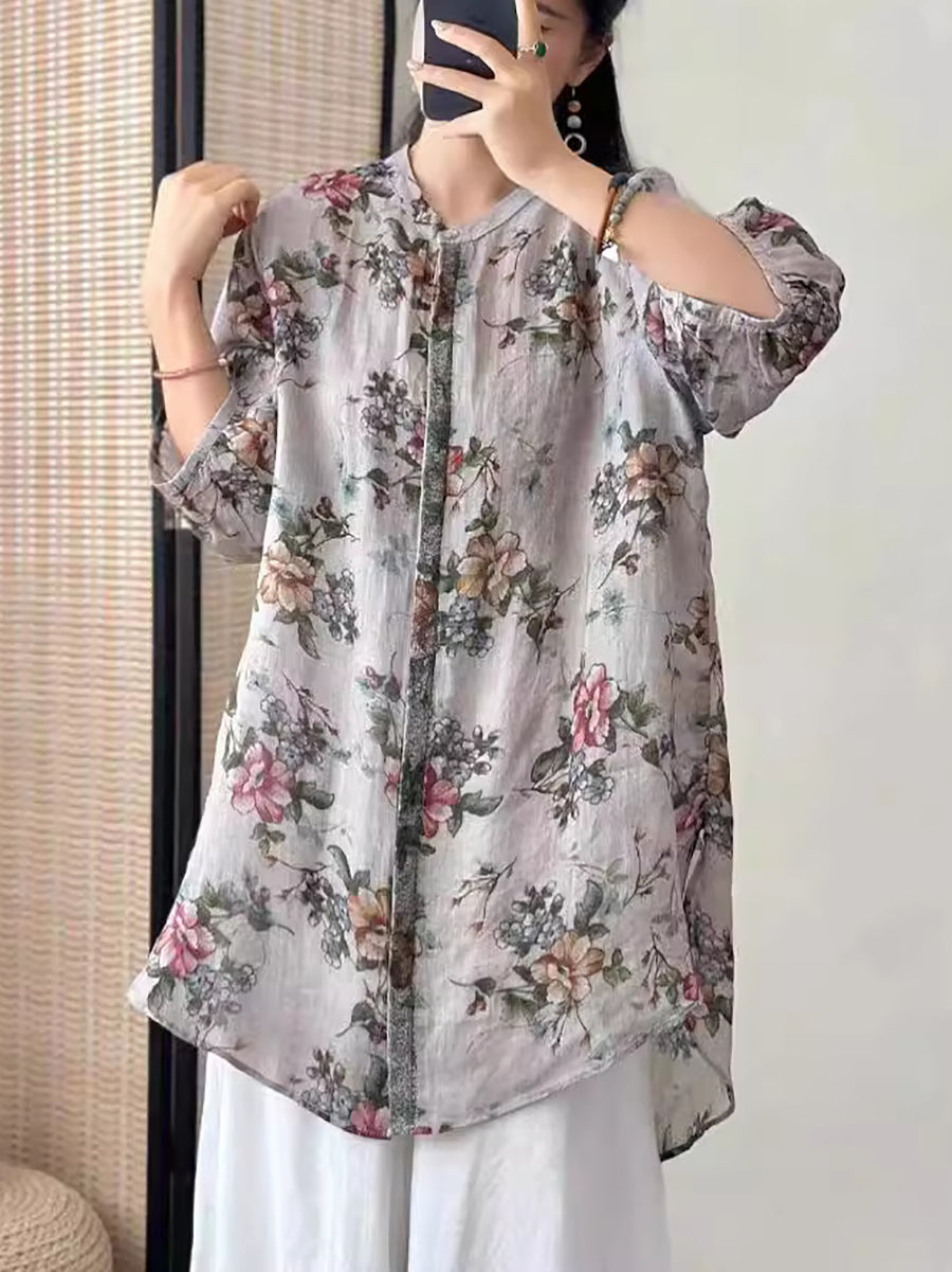 Women Artsy Flower Ramie Loose Long Shirt