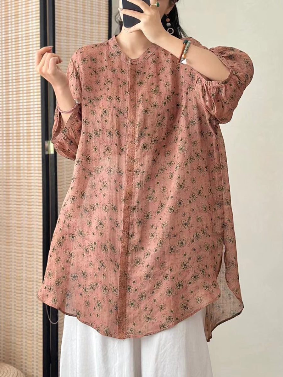 Women Artsy Flower Ramie Loose Long Shirt