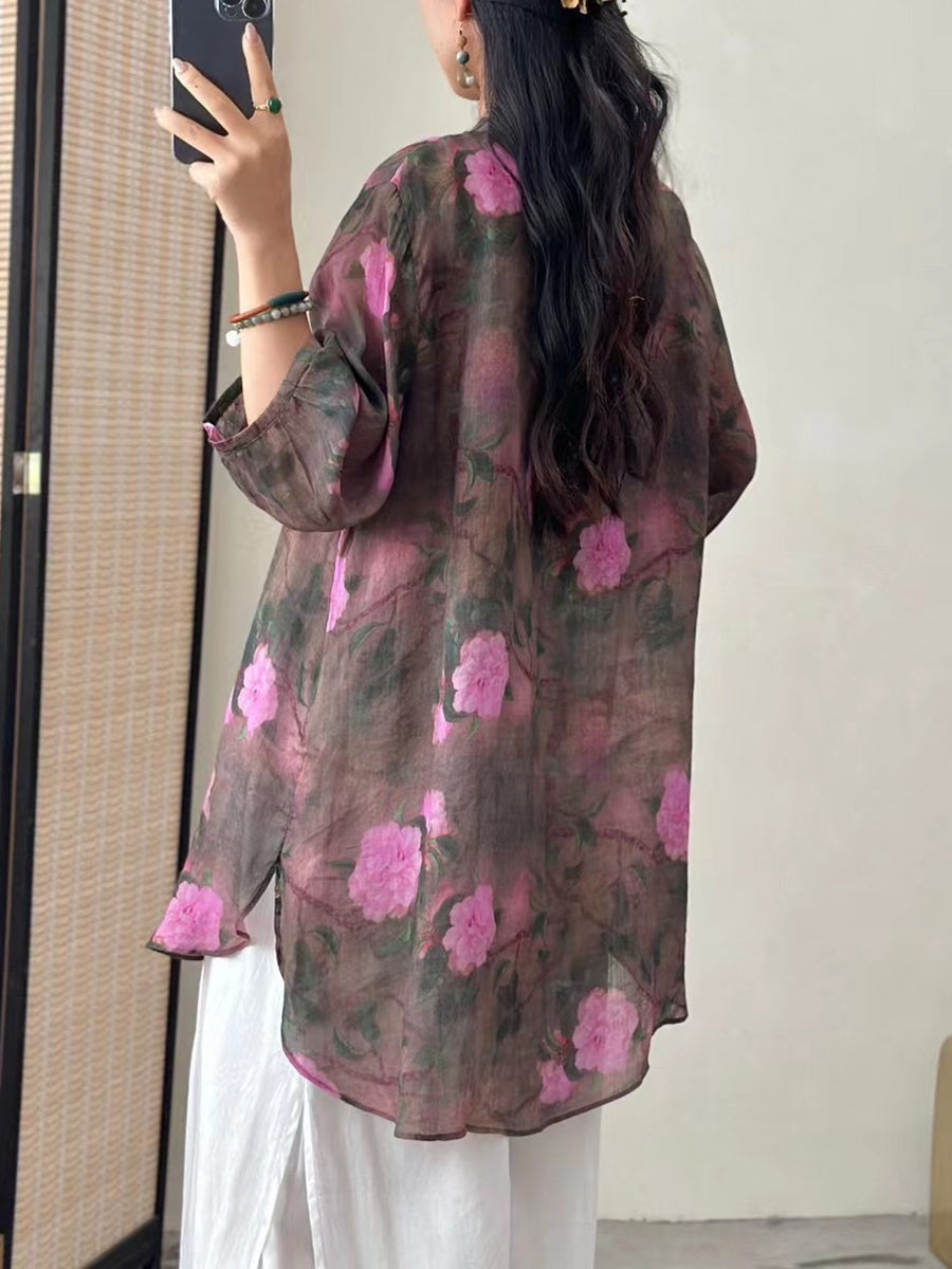 Women Artsy Flower Ramie Loose Long Shirt