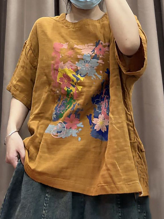 Women Spring Flower Print Vintage Cotton Loose Shirt