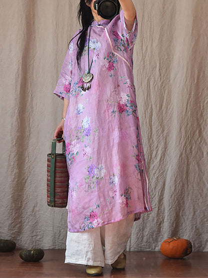 Women Vintage Summer Floral Ramie Robe Dress