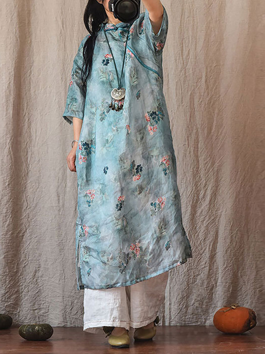 Women Vintage Summer Floral Ramie Robe Dress