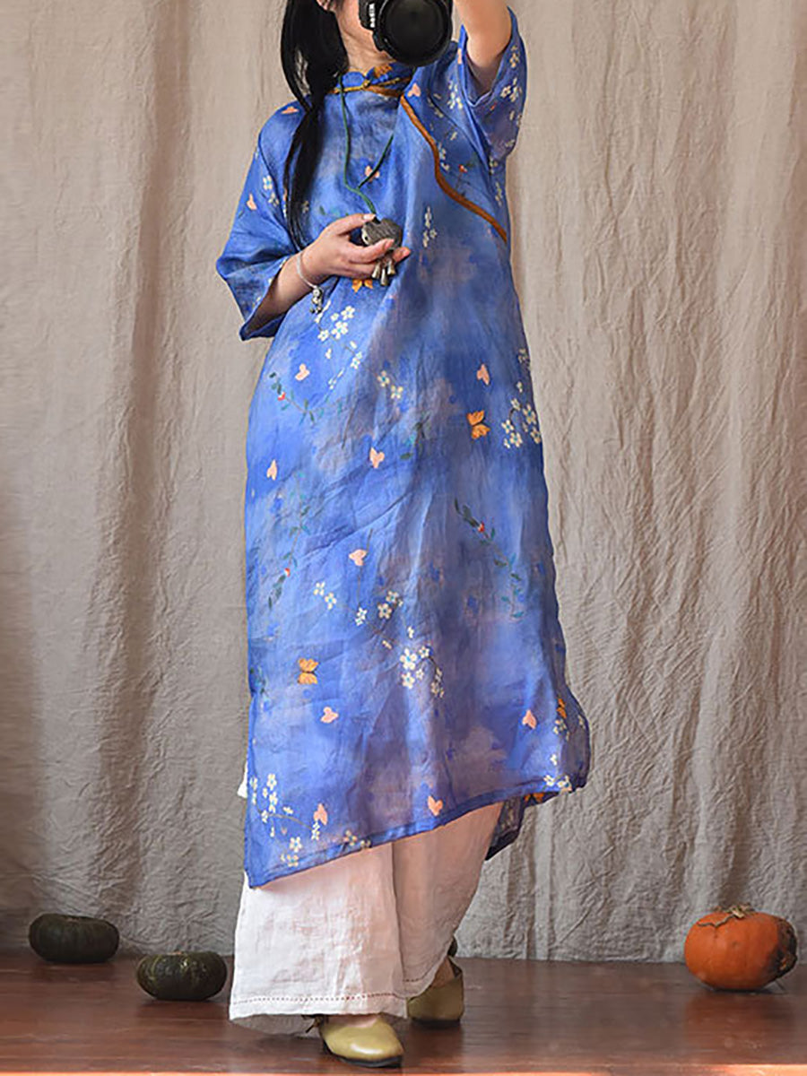 Women Vintage Summer Floral Ramie Robe Dress