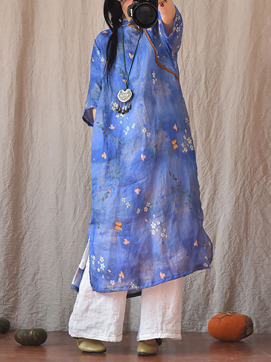 Women Vintage Summer Floral Ramie Robe Dress