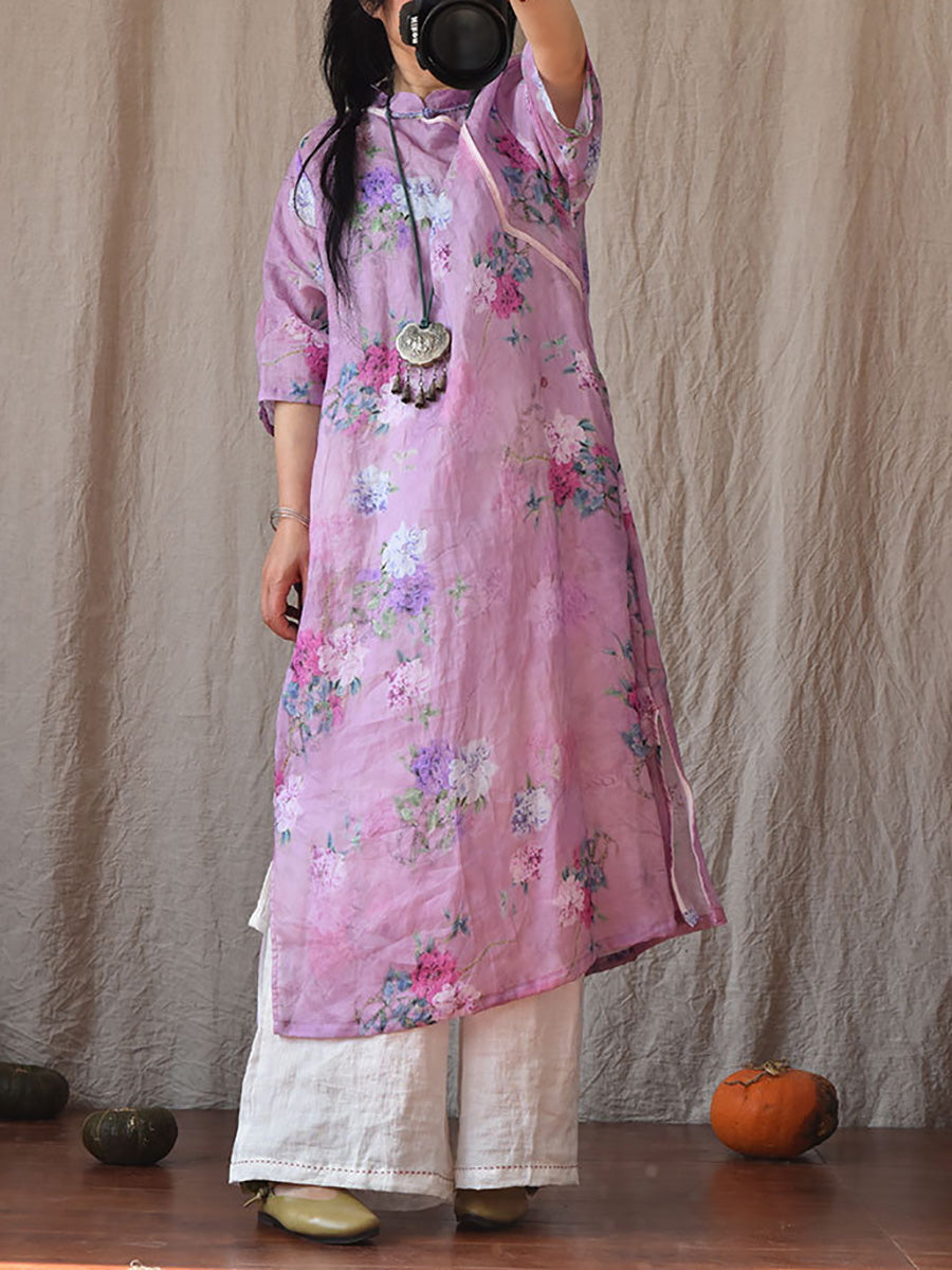 Women Vintage Summer Floral Ramie Robe Dress