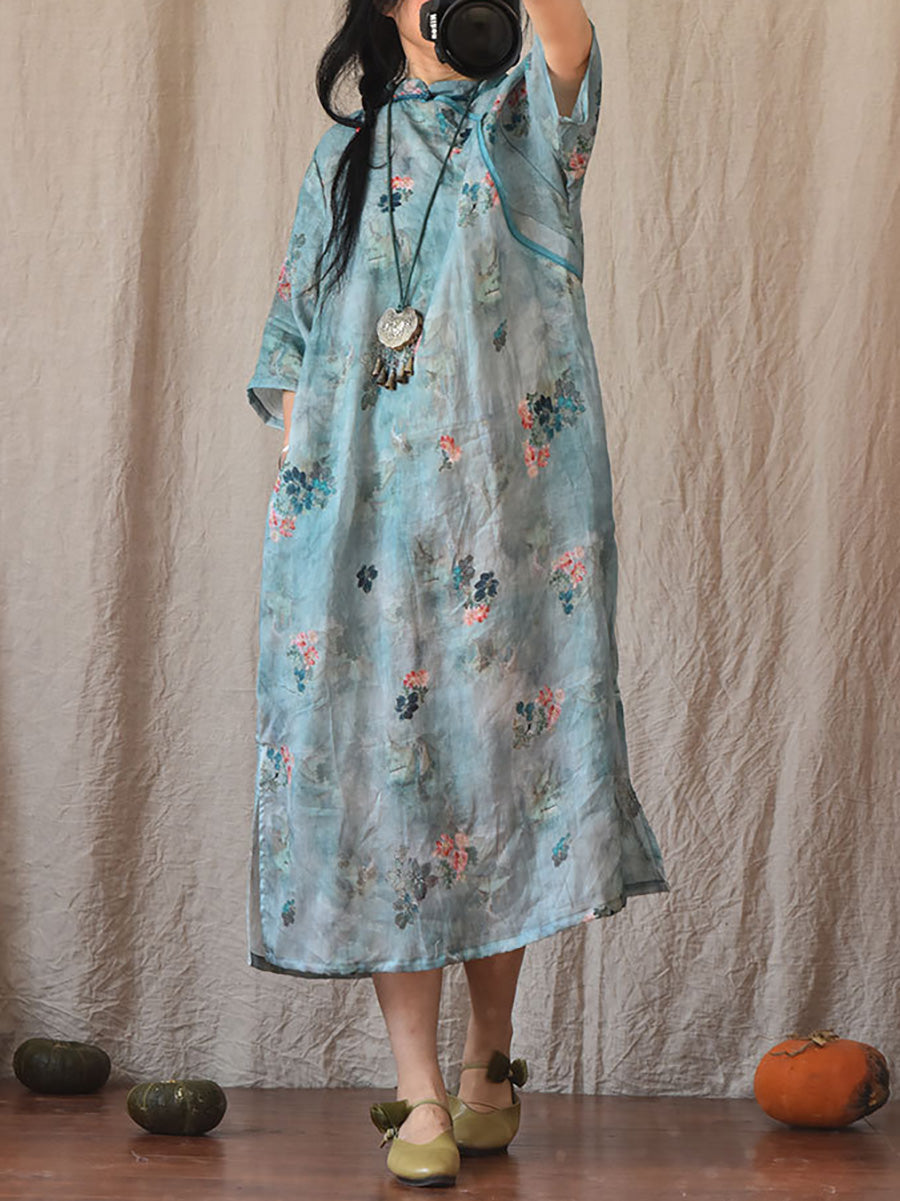 Women Vintage Summer Floral Ramie Robe Dress