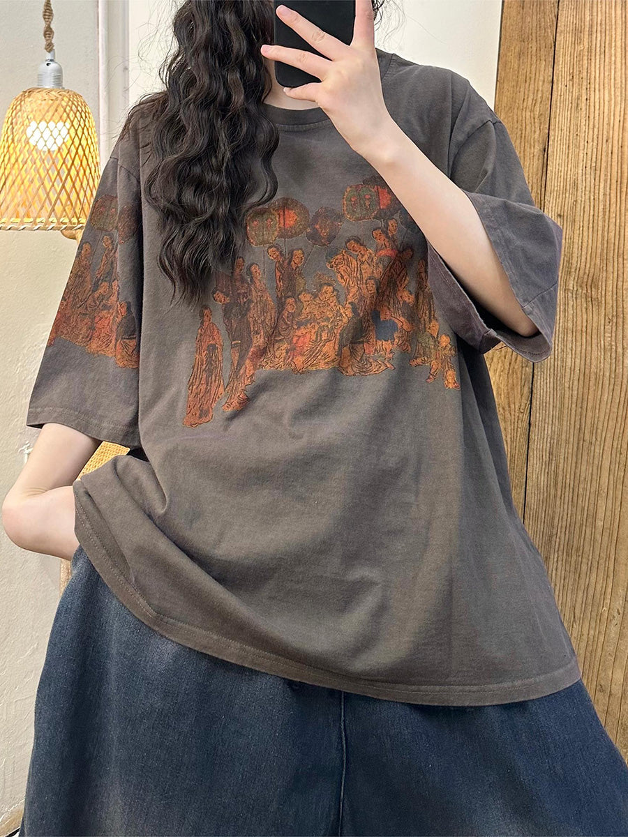 Women Casual Print Summer Loose Cotton Shirt