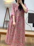 Women Summer Artsy Floral Ramie Loose Dress