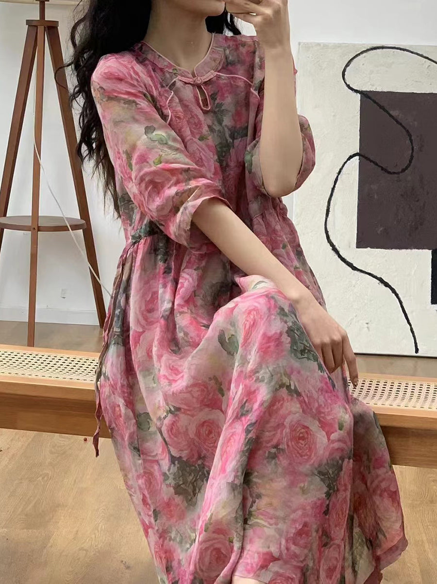 Women Summer Artsy Floral Ramie Loose Dress