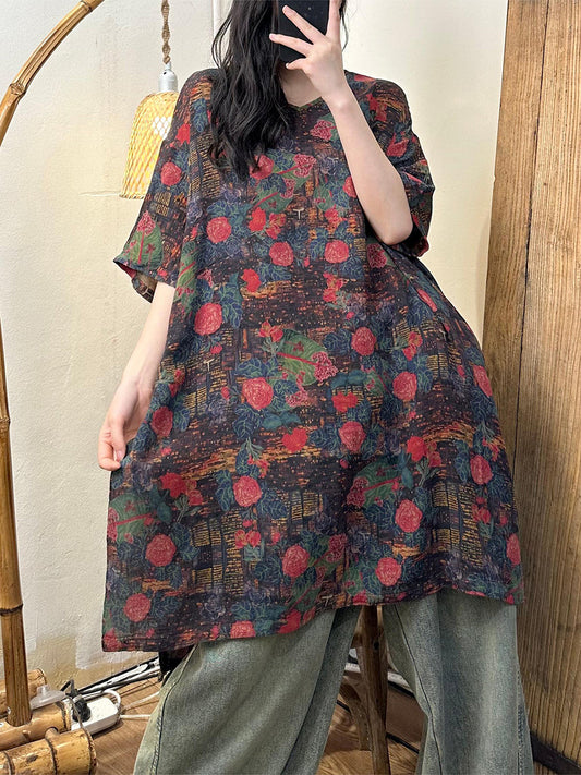 Women Summer Retro Flower Cotton Dress