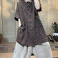 Women Summer Vintage Flower Spliced Buckle Linen Shirt